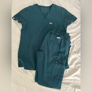 Figs Scrubs Caterina Top and Yola Pants in Caribbean Blue